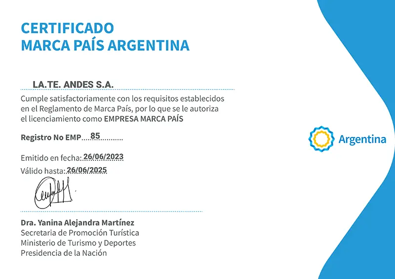 Certificado Marca País Argentina 2023 - La.Te. Andes